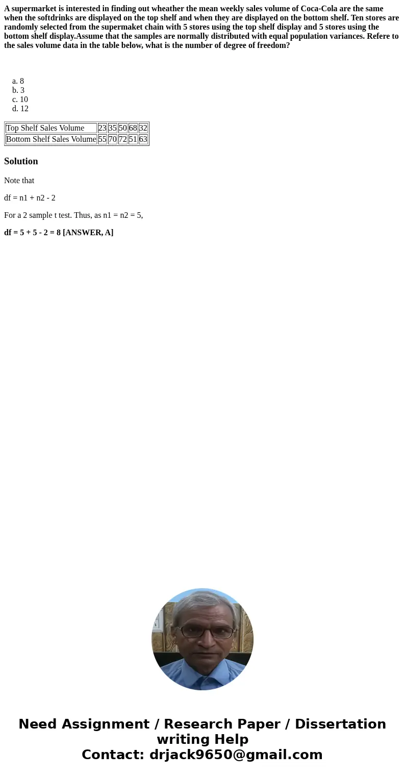 A supermarket is interested in finding out wheather the mean weekly sales volume of Coca-Cola are the same when the softdrinks are displayed on the top shelf an