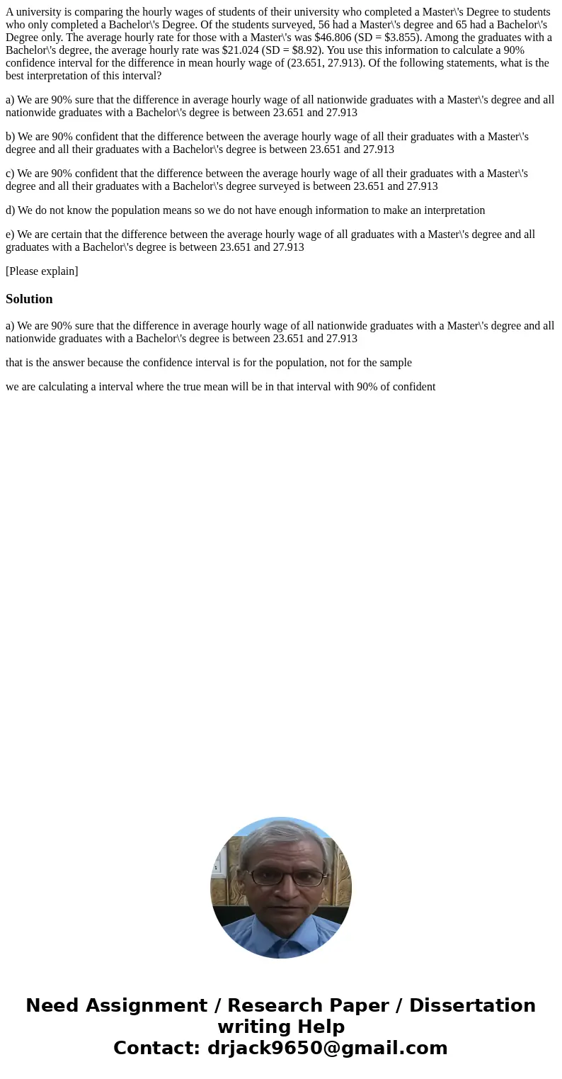A university is comparing the hourly wages of students of their university who completed a Master\'s Degree to students who only completed a Bachelor\'s Degree.