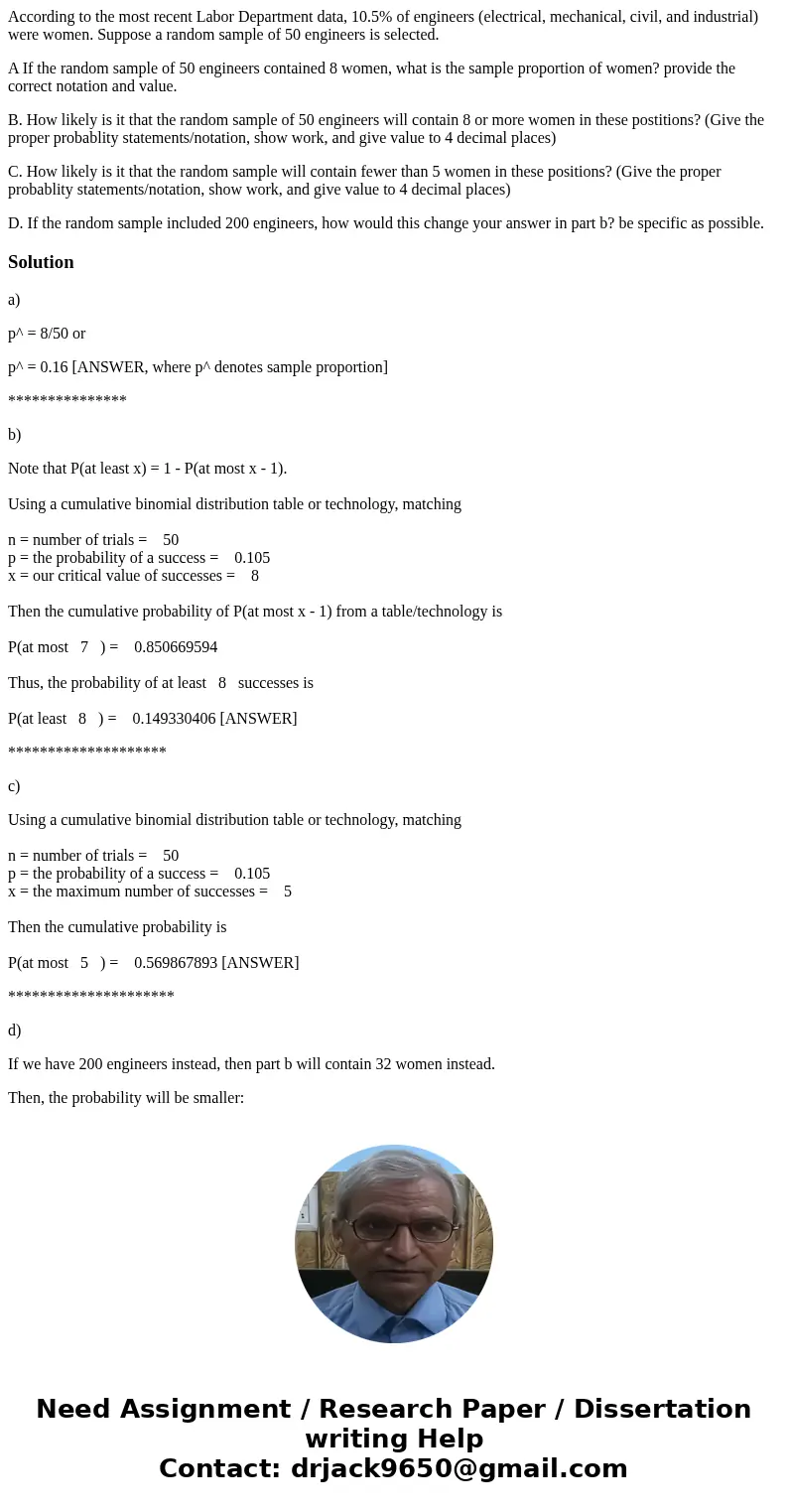 According to the most recent Labor Department data, 10.5% of engineers (electrical, mechanical, civil, and industrial) were women. Suppose a random sample of 50 According to the most recent Labor Department data, 10.5% of engineers (electrical, mechanical, civil, and industrial) were women. Suppose a random sample of 50