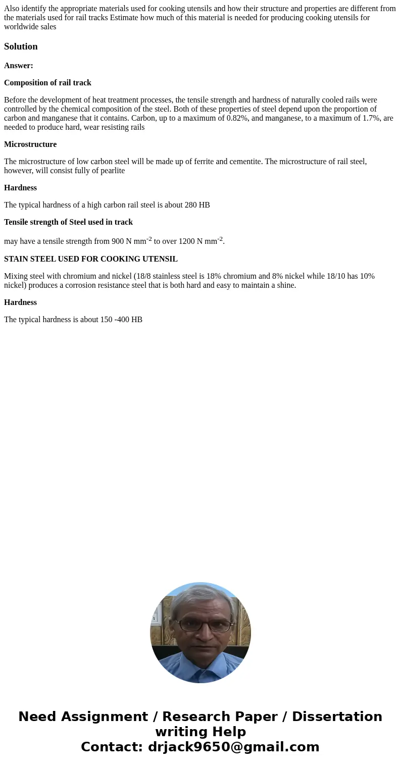  Also identify the appropriate materials used for cooking utensils and how their structure and properties are different from the materials used for rail tracks 