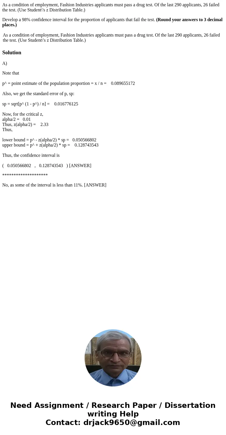 As a condition of employment, Fashion Industries applicants must pass a drug test. Of the last 290 applicants, 26 failed the test. (Use Student\'s z Distributio