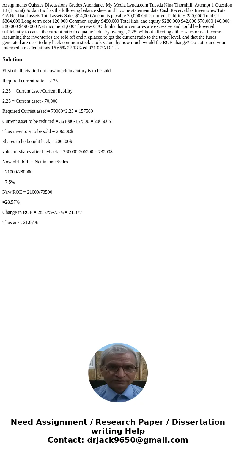  Assignments Quizzes Discussions Grades Attendance My Media Lynda.com Tuesda Nina Thornhill: Attempt 1 Question 13 (1 point) Jordan Inc has the following balanc