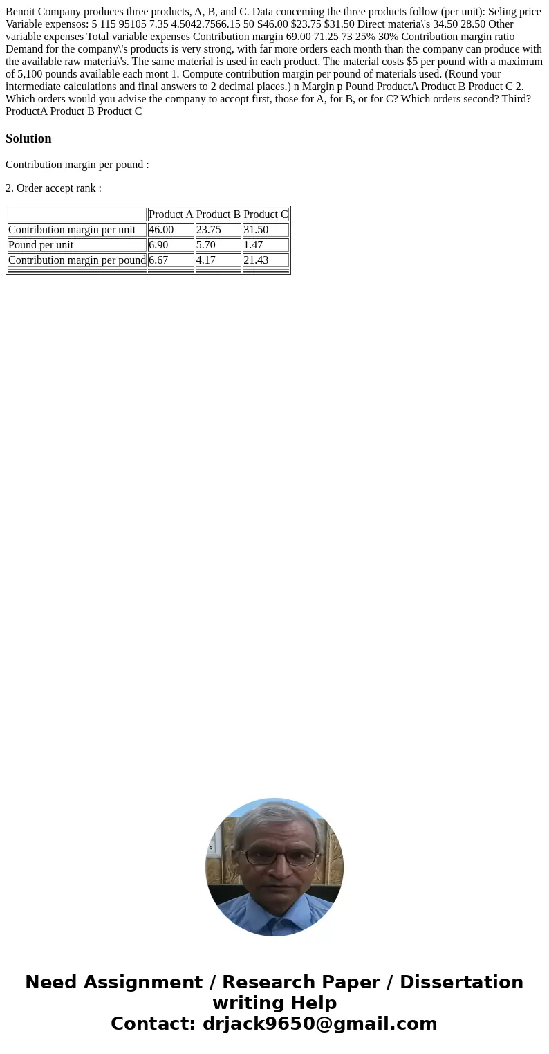  Benoit Company produces three products, A, B, and C. Data conceming the three products follow (per unit): Seling price Variable expensos: 5 115 95105 7.35 4.50