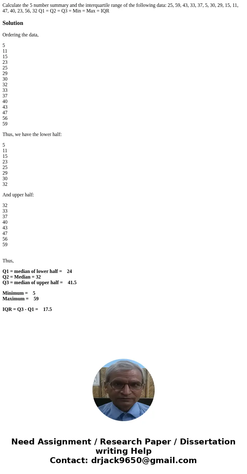 Calculate the 5 number summary and the interquartile range of the following data: 25, 59, 43, 33, 37, 5, 30, 29, 15, 11, 47, 40, 23, 56, 32 Q1 = Q2 = Q3 = Min   Calculate the 5 number summary and the interquartile range of the following data: 25, 59, 43, 33, 37, 5, 30, 29, 15, 11, 47, 40, 23, 56, 32 Q1 = Q2 = Q3 = Min