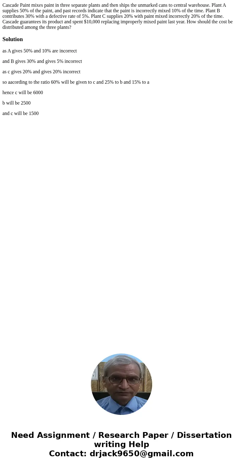 Cascade Paint mixes paint in three separate plants and then ships the unmarked cans to central warehouse. Plant A supplies 50% of the paint, and past records in Cascade Paint mixes paint in three separate plants and then ships the unmarked cans to central warehouse. Plant A supplies 50% of the paint, and past records in