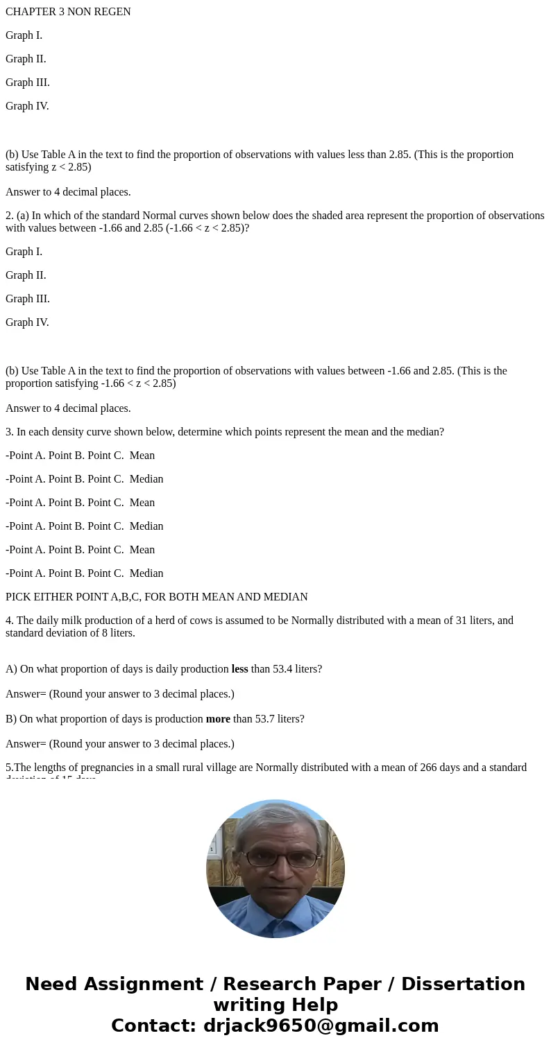 CHAPTER 3 NON REGEN Graph I. Graph II. Graph III. Graph IV. (b) Use Table A in the text to find the proportion of observations with values less than 2.85. (This