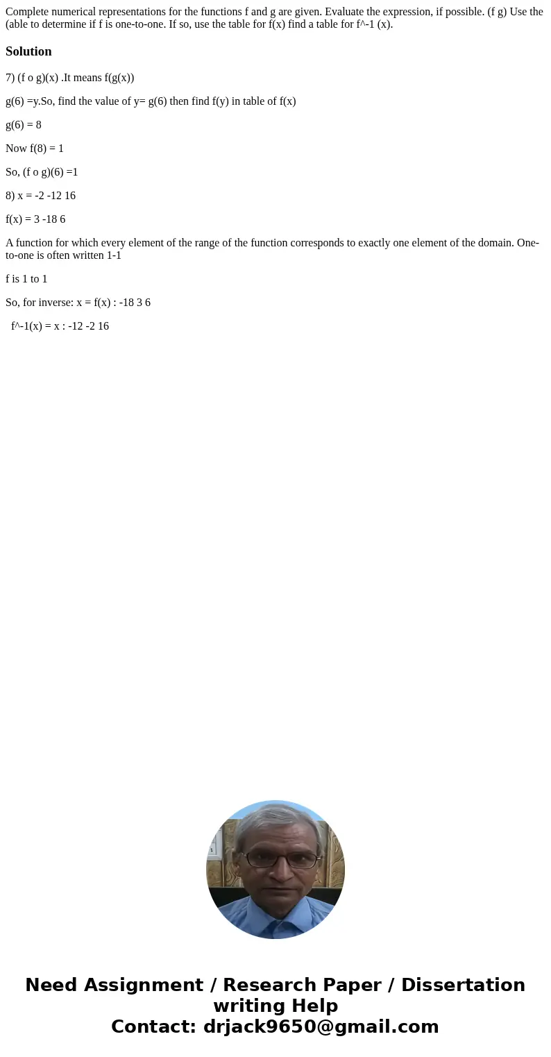Complete numerical representations for the functions f and g are given. Evaluate the expression, if possible. (f g) Use the (able to determine if f is one-to-o  Complete numerical representations for the functions f and g are given. Evaluate the expression, if possible. (f g) Use the (able to determine if f is one-to-o