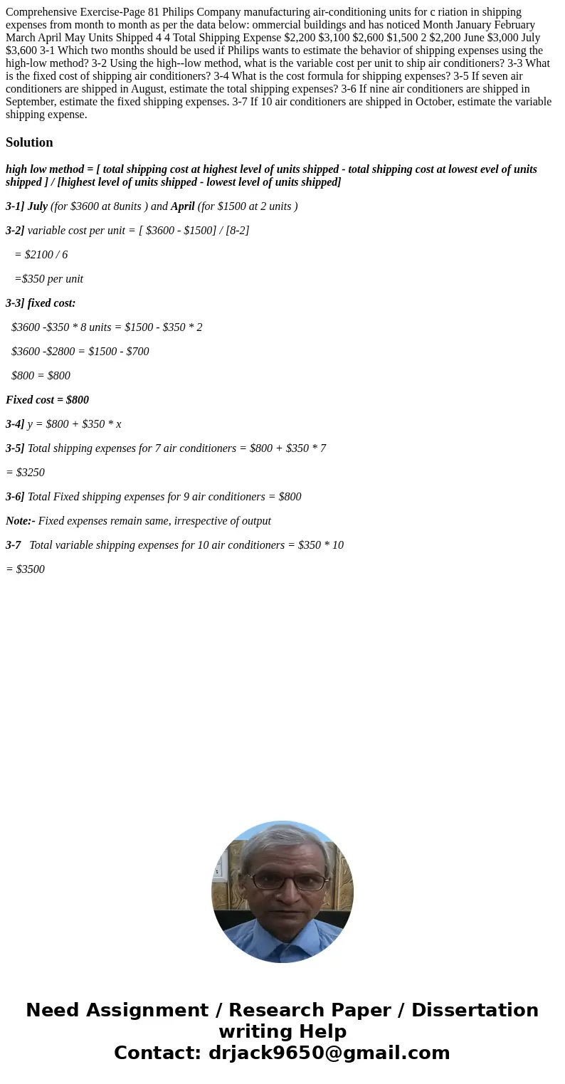  Comprehensive Exercise-Page 81 Philips Company manufacturing air-conditioning units for c riation in shipping expenses from month to month as per the data belo