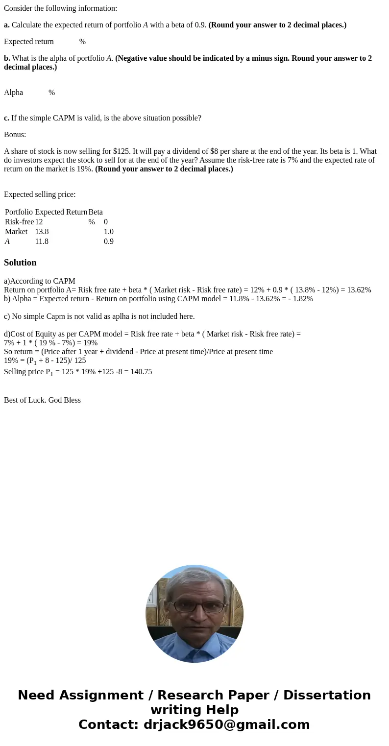Consider the following information: a. Calculate the expected return of portfolio A with a beta of 0.9. (Round your answer to 2 decimal places.) Expected return