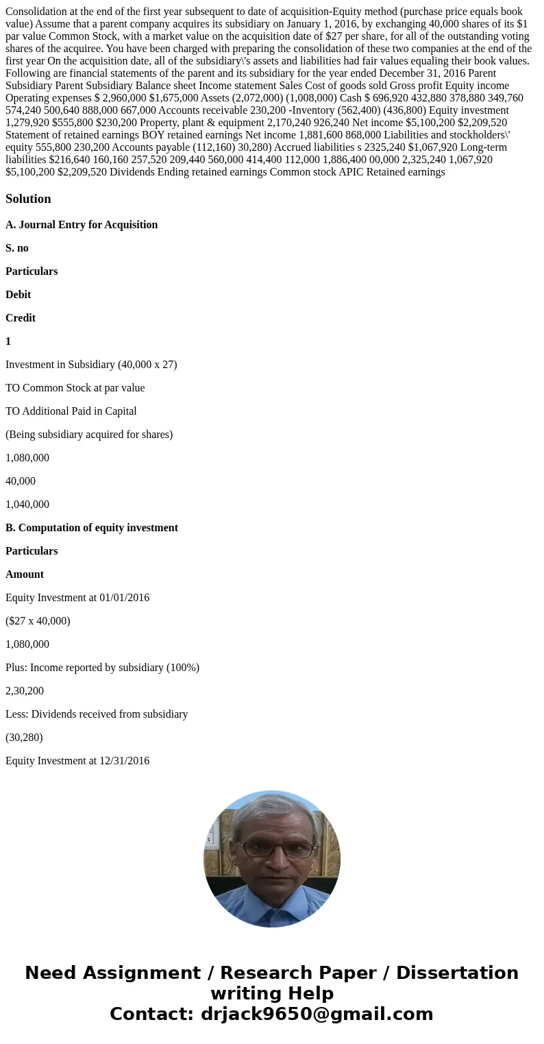  Consolidation at the end of the first year subsequent to date of acquisition-Equity method (purchase price equals book value) Assume that a parent company acqu