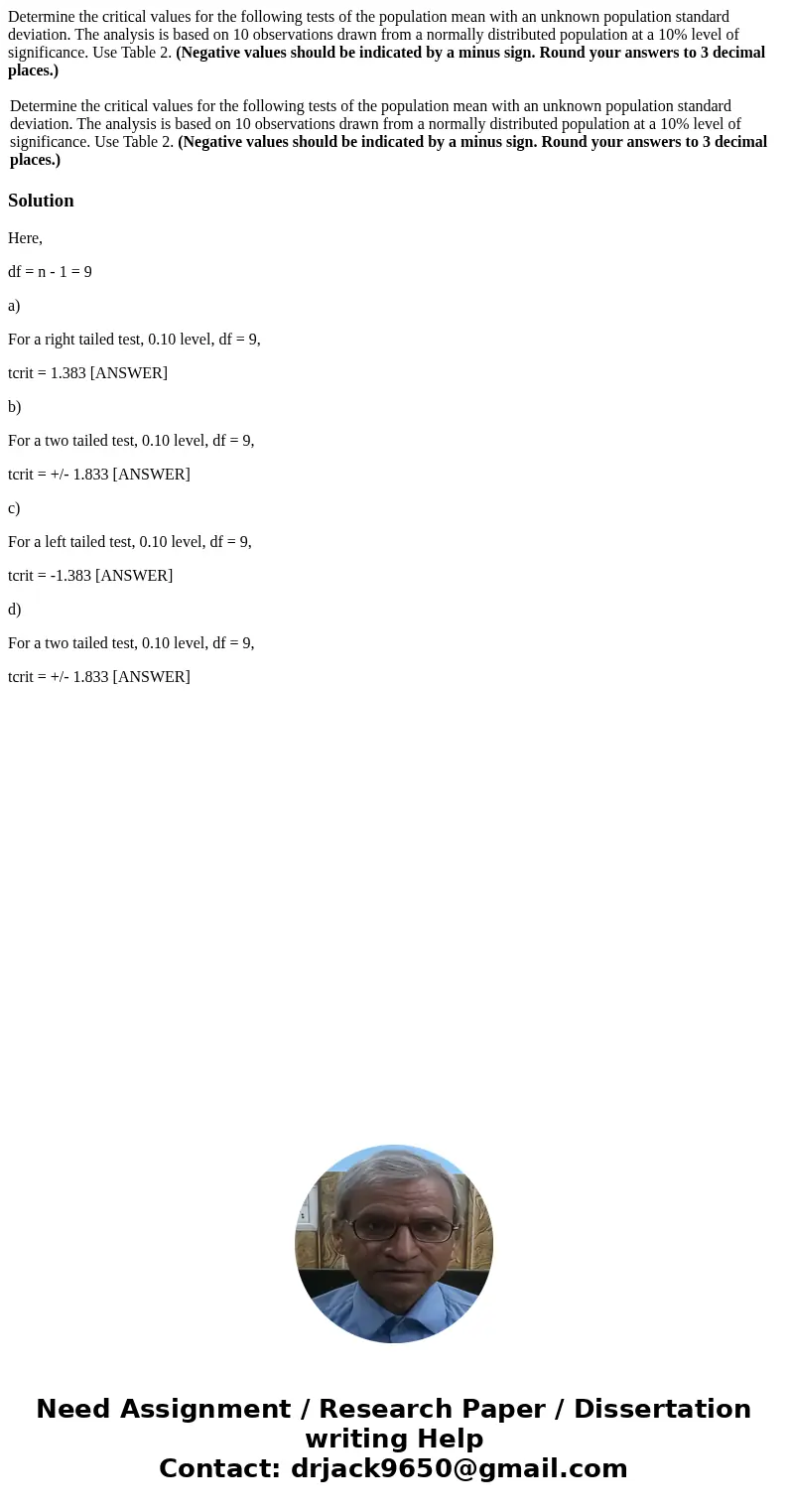 Determine the critical values for the following tests of the population mean with an unknown population standard deviation. The analysis is based on 10 observat