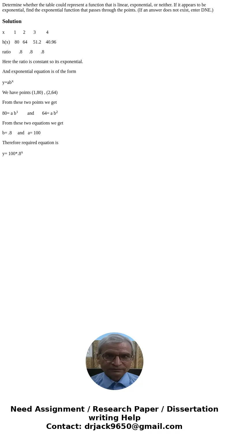 Determine whether the table could represent a function that is linear, exponential, or neither. If it appears to be exponential, find the exponential function   Determine whether the table could represent a function that is linear, exponential, or neither. If it appears to be exponential, find the exponential function