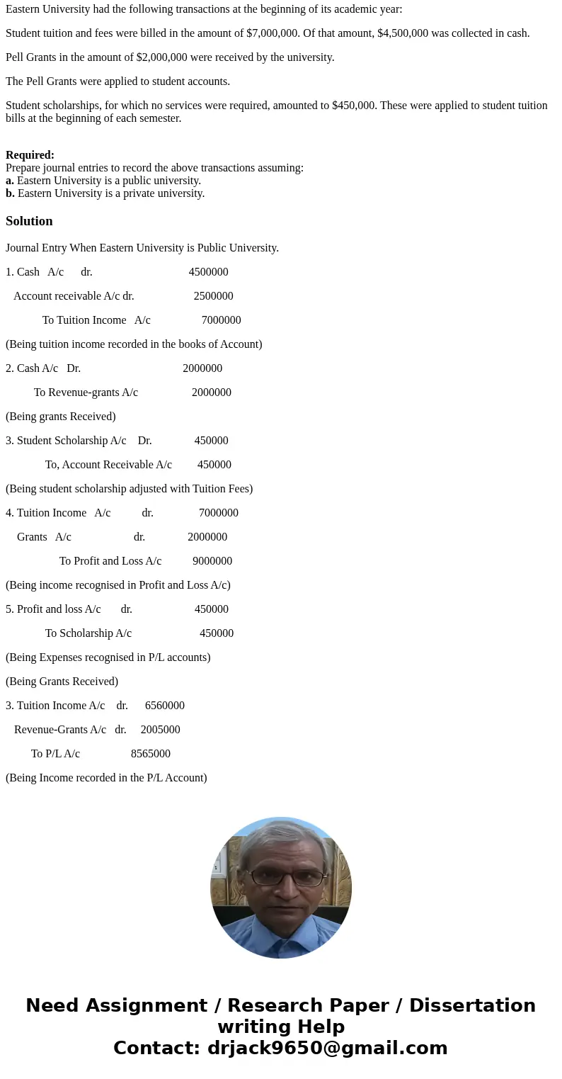 Eastern University had the following transactions at the beginning of its academic year: Student tuition and fees were billed in the amount of $7,000,000. Of th