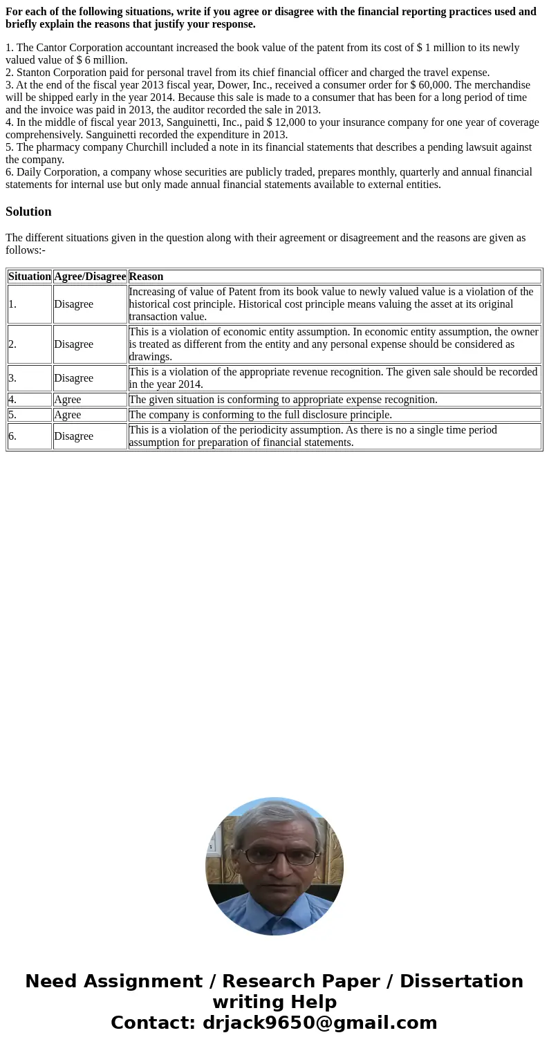 For each of the following situations, write if you agree or disagree with the financial reporting practices used and briefly explain the reasons that justify yo