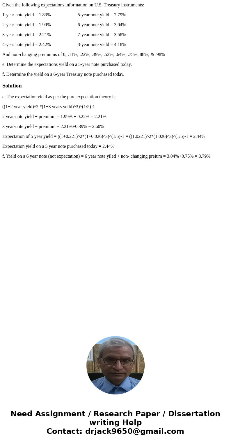 Given the following expectations information on U.S. Treasury instruments: 1-year note yield = 1.83% 5-year note yield = 2.79% 2-year note yield = 1.99% 6-year  Given the following expectations information on U.S. Treasury instruments: 1-year note yield = 1.83% 5-year note yield = 2.79% 2-year note yield = 1.99% 6-year