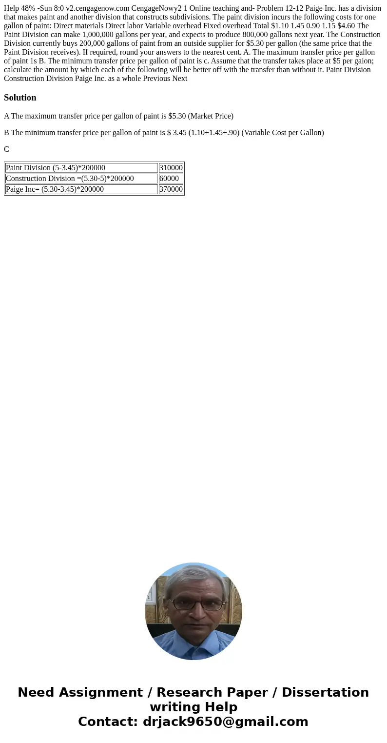  Help 48% -Sun 8:0 v2.cengagenow.com CengageNowy2 1 Online teaching and- Problem 12-12 Paige Inc. has a division that makes paint and another division that cons