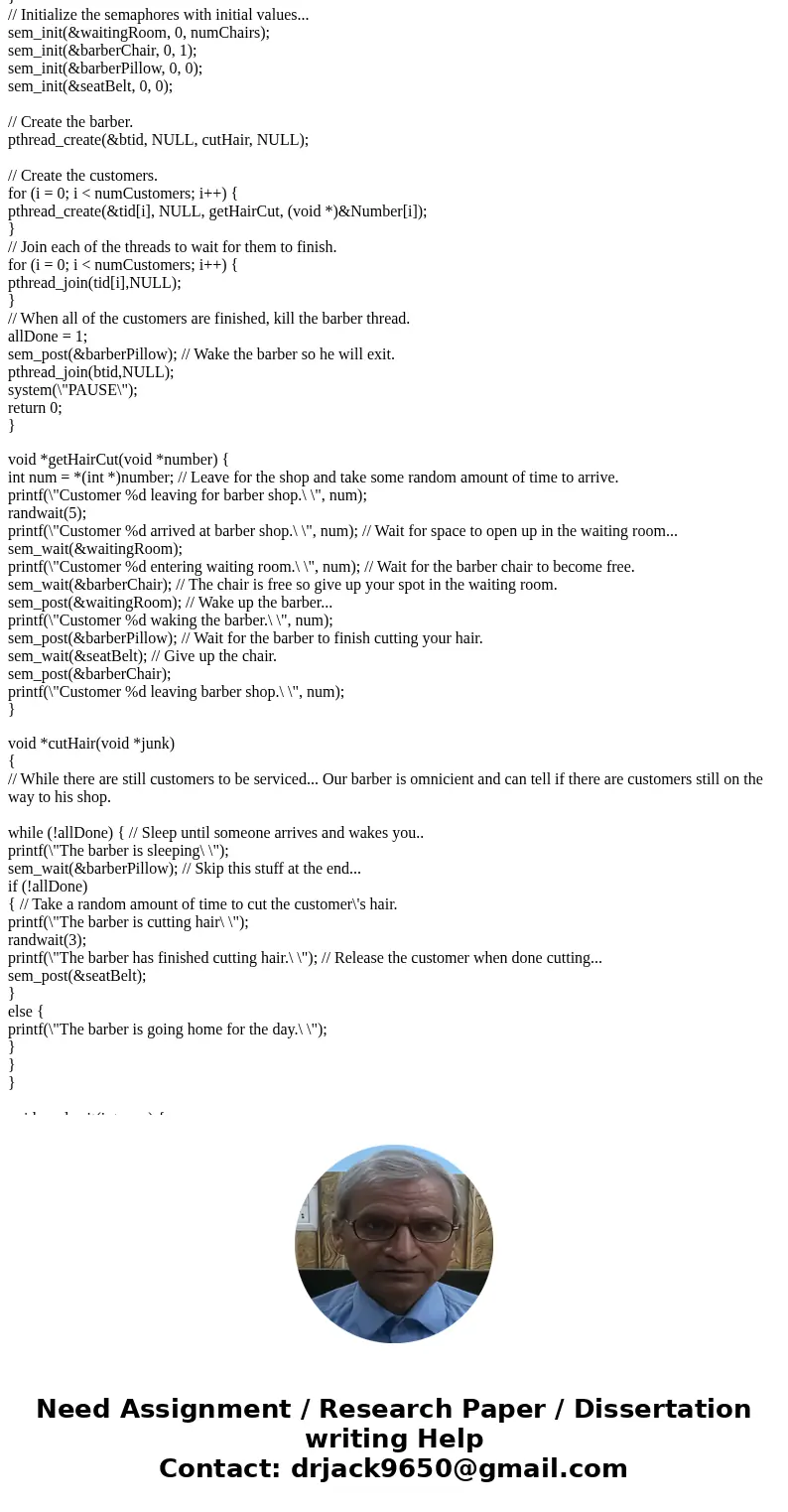 How do I solve the barbershop problem in C, using pthreads? A barbershop consists of a waiting room with n chairs, and the barber room containing the barber cha