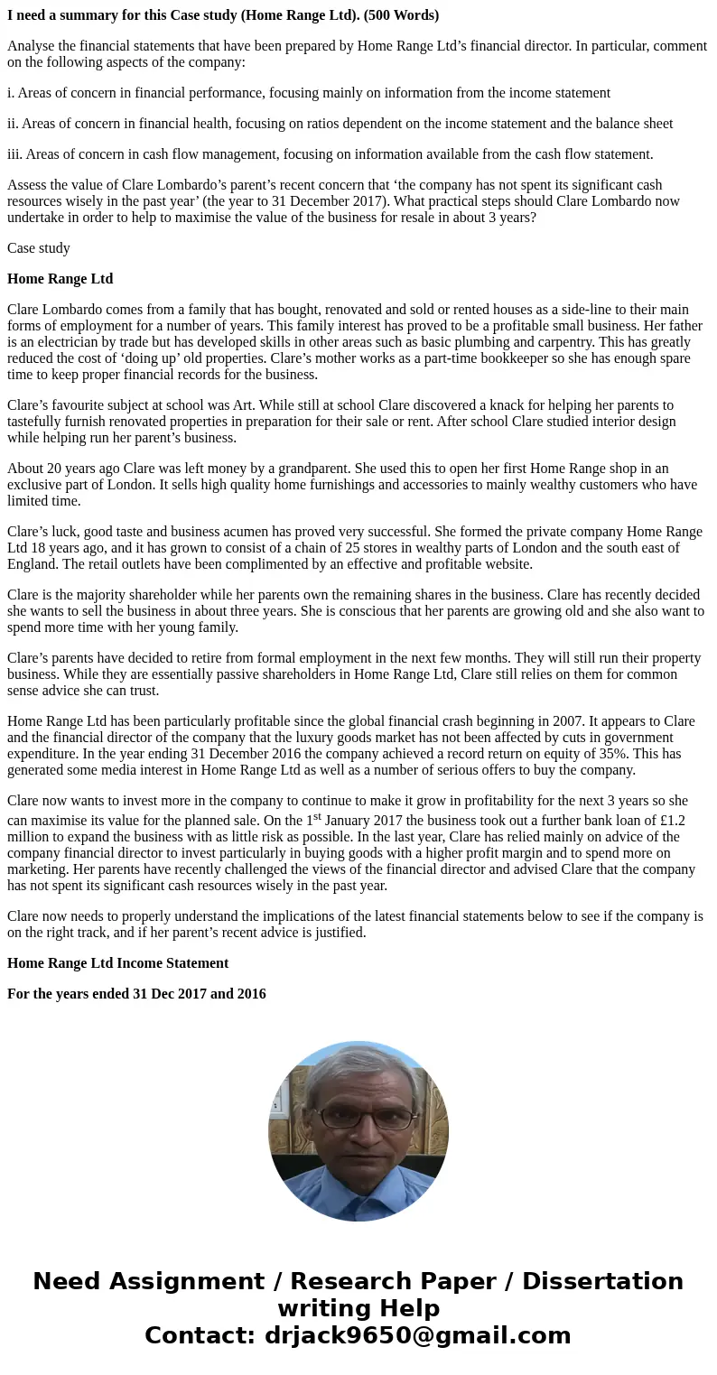 I need a summary for this Case study (Home Range Ltd). (500 Words) Analyse the financial statements that have been prepared by Home Range Ltd’s financial direct