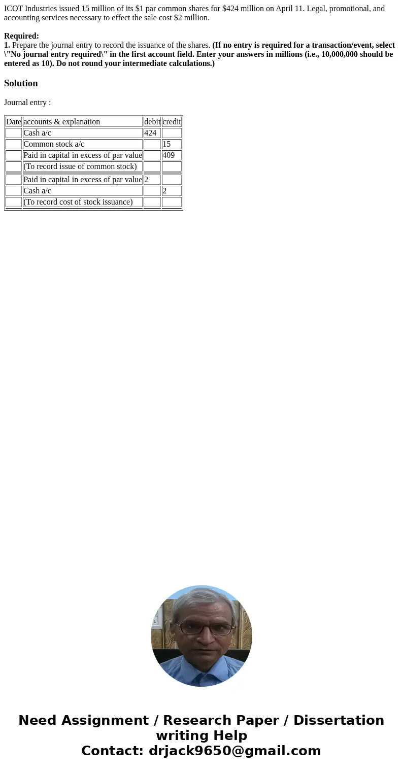 ICOT Industries issued 15 million of its $1 par common shares for $424 million on April 11. Legal, promotional, and accounting services necessary to effect the  ICOT Industries issued 15 million of its $1 par common shares for $424 million on April 11. Legal, promotional, and accounting services necessary to effect the