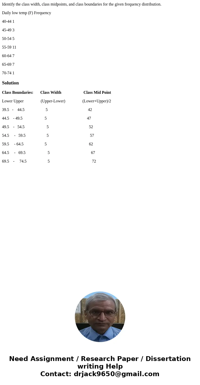 Identify the class width, class midpoints, and class boundaries for the given frequency distribution. Daily low temp (F) Frequency 40-44 1 45-49 3 50-54 5 55-59