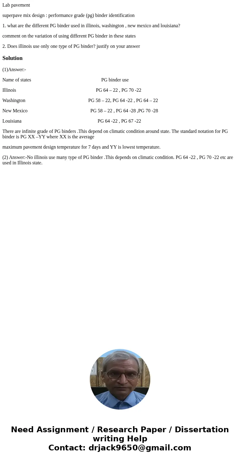 Lab pavement superpave mix design : performance grade (pg) binder identification 1. what are the different PG binder used in illinois, washington , new mexico a