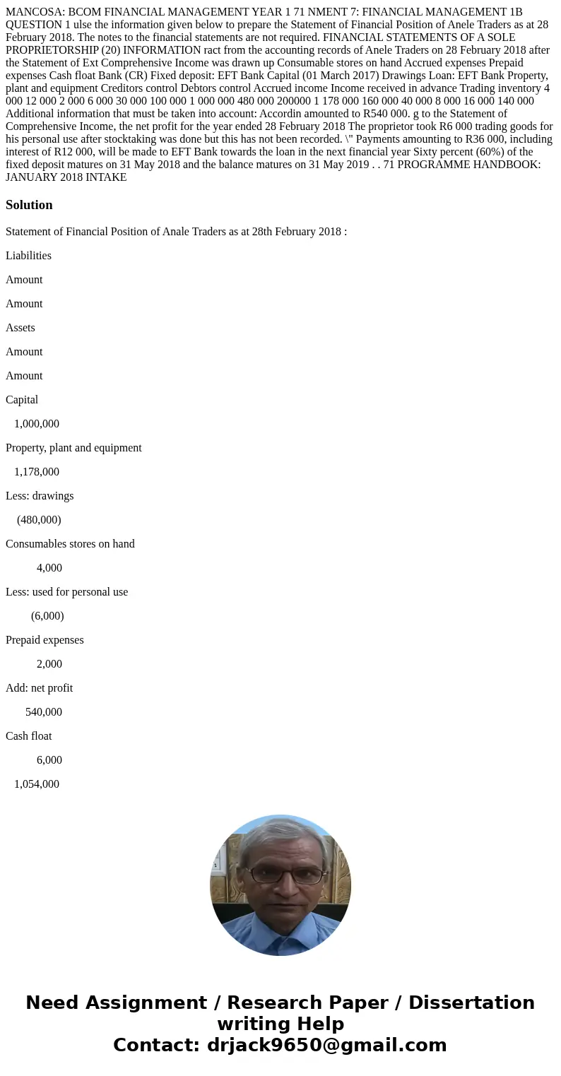  MANCOSA: BCOM FINANCIAL MANAGEMENT YEAR 1 71 NMENT 7: FINANCIAL MANAGEMENT 1B QUESTION 1 ulse the information given below to prepare the Statement of Financial