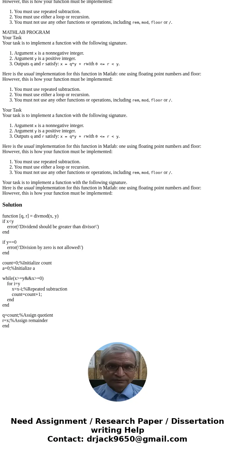  MATHLAB PROGRAM Your Task Your task is to implement a function with the following signature. Argument x is a nonnegative integer. Argument y is a positive inte