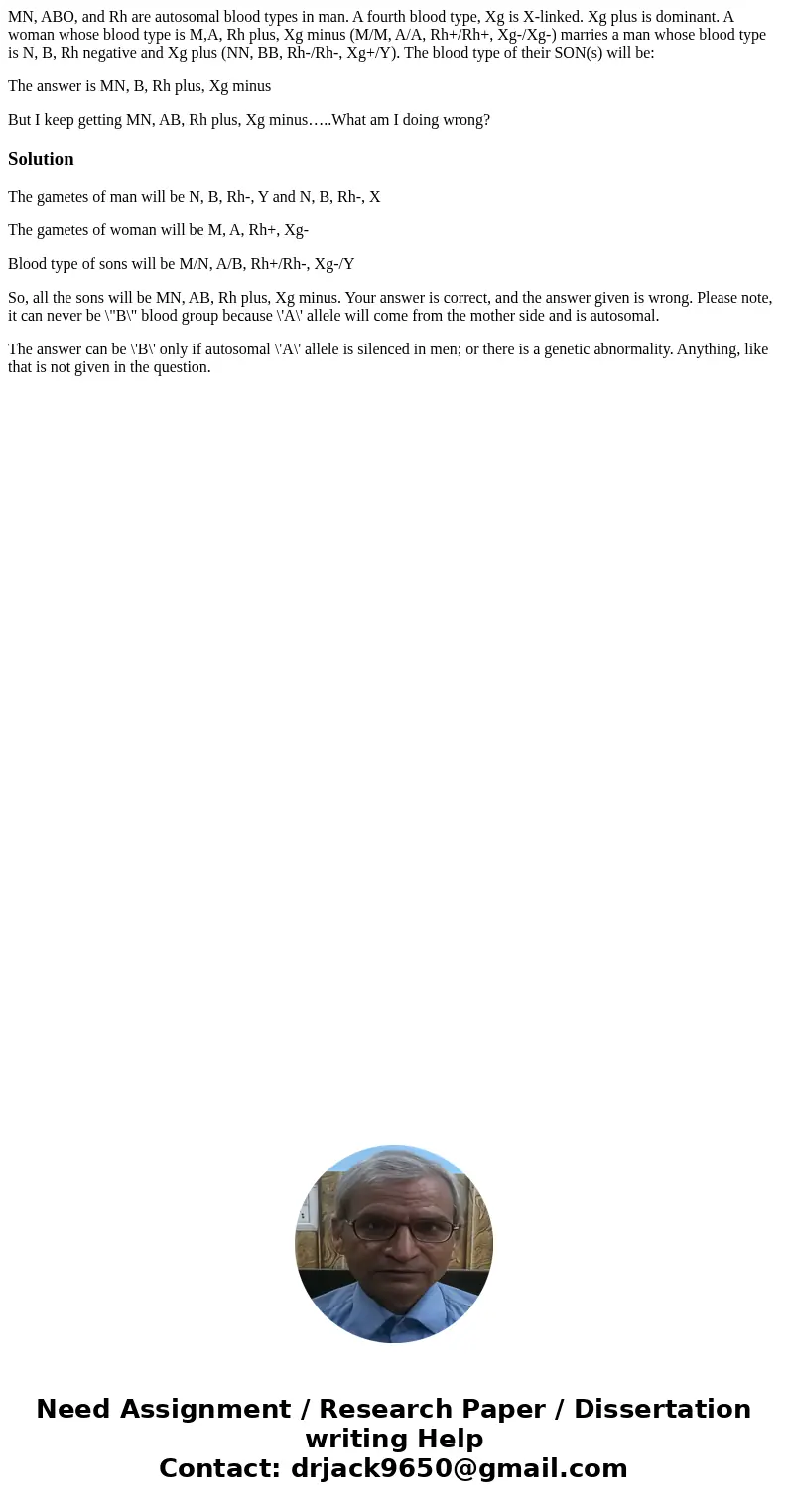 MN, ABO, and Rh are autosomal blood types in man. A fourth blood type, Xg is X-linked. Xg plus is dominant. A woman whose blood type is M,A, Rh plus, Xg minus (
