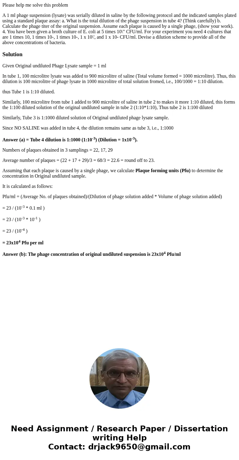 Please help me solve this problem A 1 ml phage suspension (lysate) was serially diluted in saline by the following protocol and the indicated samples plated usi Please help me solve this problem A 1 ml phage suspension (lysate) was serially diluted in saline by the following protocol and the indicated samples plated usi