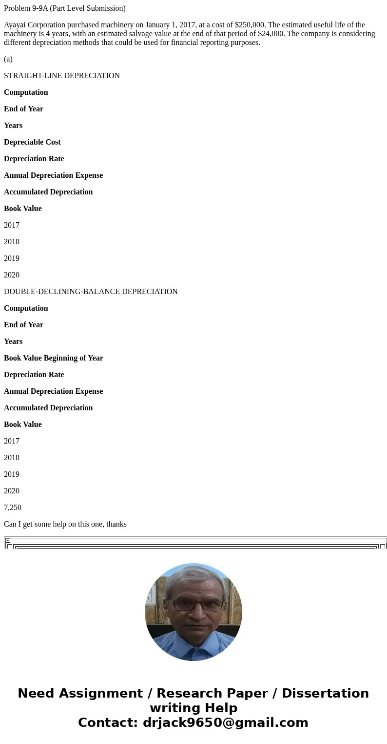 Problem 9-9A (Part Level Submission) Ayayai Corporation purchased machinery on January 1, 2017, at a cost of $250,000. The estimated useful life of the machiner