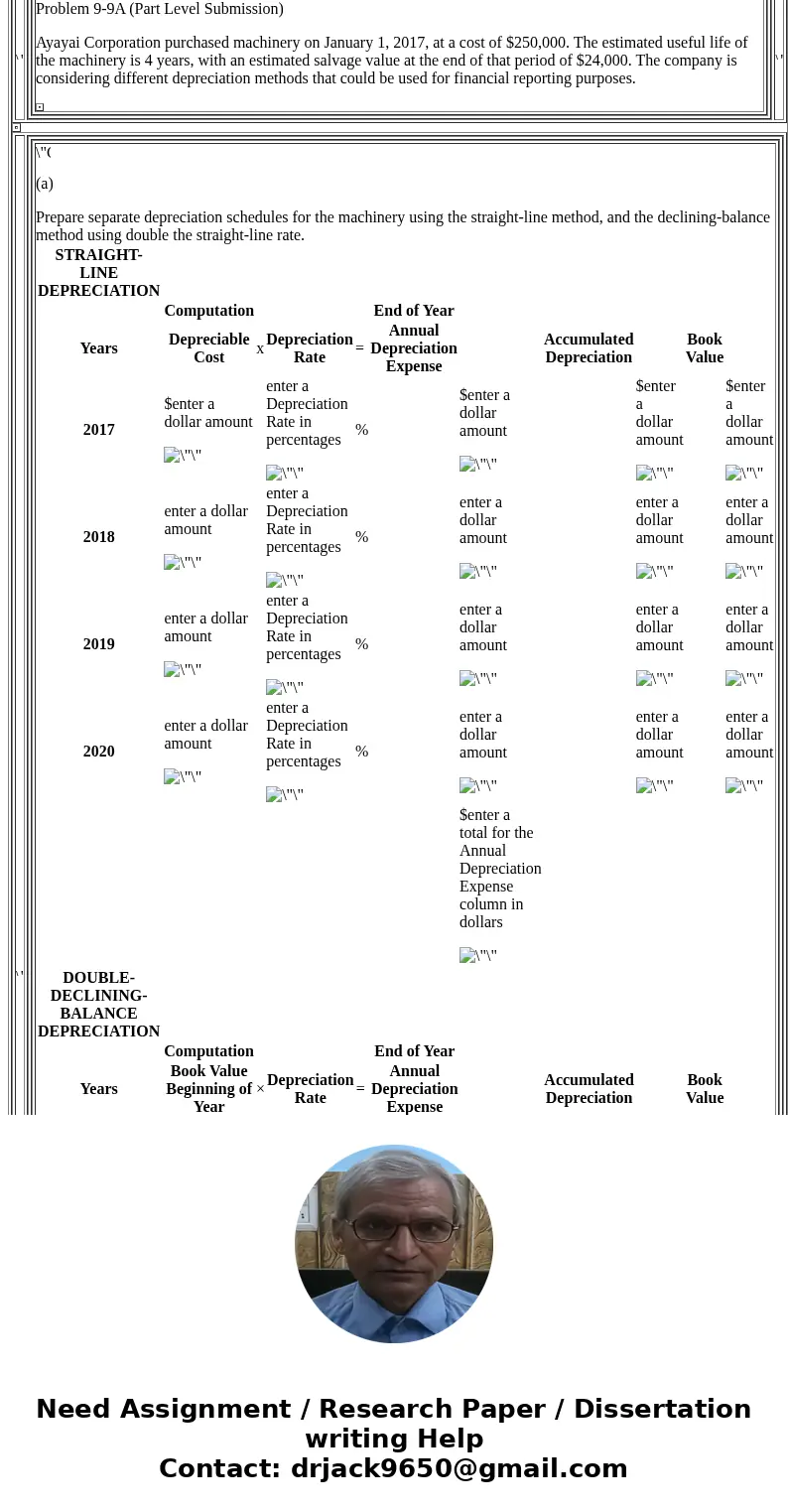 Problem 9-9A (Part Level Submission) Ayayai Corporation purchased machinery on January 1, 2017, at a cost of $250,000. The estimated useful life of the machiner