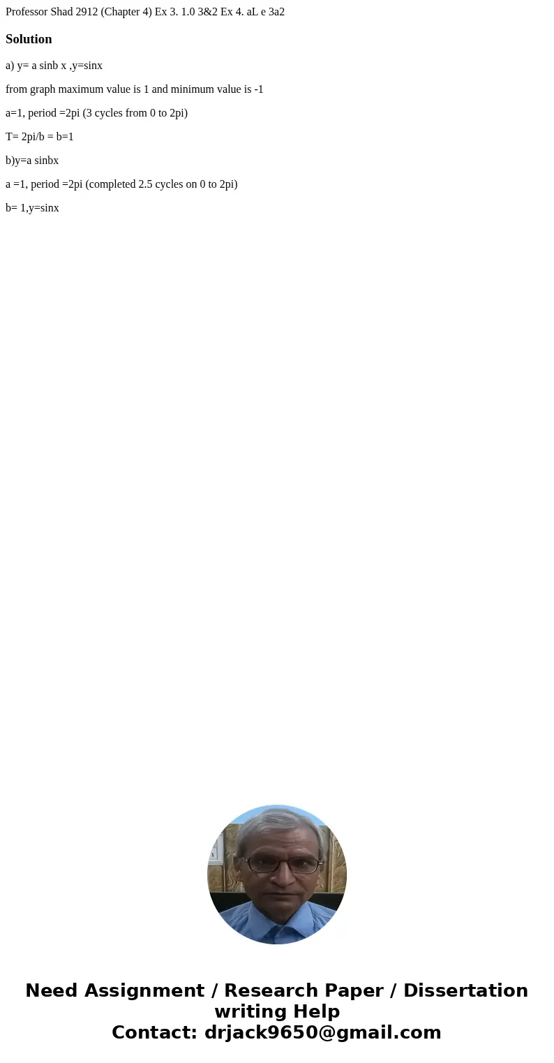 Professor Shad 2912 (Chapter 4) Ex 3. 1.0 3&2 Ex 4. aL e 3a2 Solutiona) y= a sinb x ,y=sinx from graph maximum value is 1 and minimum value is -1 a=1, peri  Professor Shad 2912 (Chapter 4) Ex 3. 1.0 3&2 Ex 4. aL e 3a2 Solutiona) y= a sinb x ,y=sinx from graph maximum value is 1 and minimum value is -1 a=1, peri