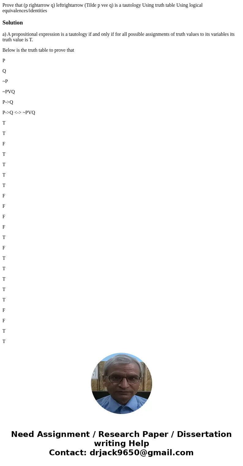 Prove that (p rightarrow q) leftrightarrow (Tilde p vee q) is a tautology Using truth table Using logical equivalences/identitiesSolutiona) A propositional exp  Prove that (p rightarrow q) leftrightarrow (Tilde p vee q) is a tautology Using truth table Using logical equivalences/identitiesSolutiona) A propositional exp