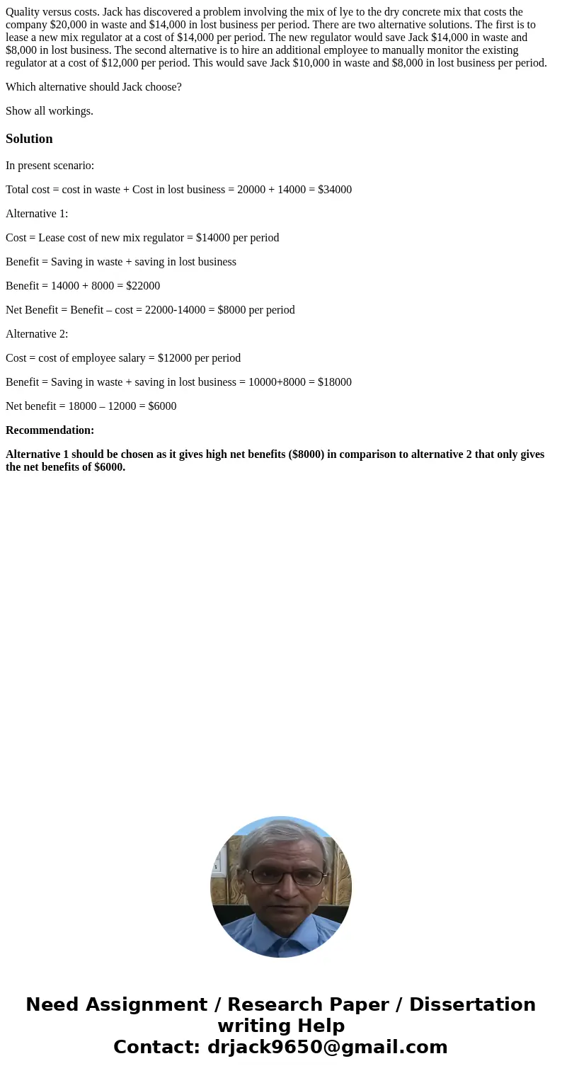 Quality versus costs. Jack has discovered a problem involving the mix of lye to the dry concrete mix that costs the company $20,000 in waste and $14,000 in lost Quality versus costs. Jack has discovered a problem involving the mix of lye to the dry concrete mix that costs the company $20,000 in waste and $14,000 in lost