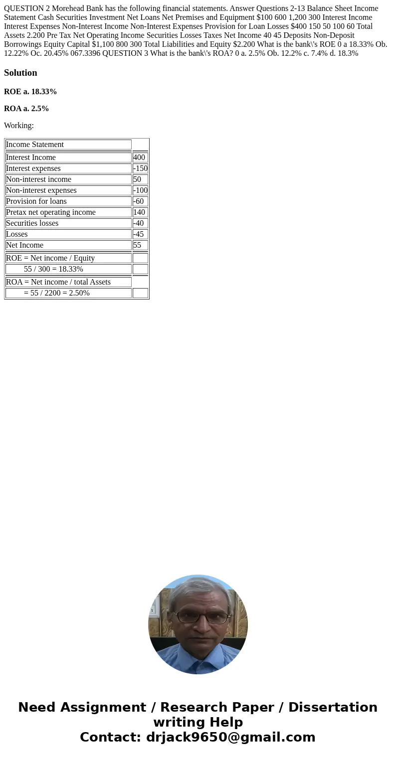  QUESTION 2 Morehead Bank has the following financial statements. Answer Questions 2-13 Balance Sheet Income Statement Cash Securities Investment Net Loans Net 