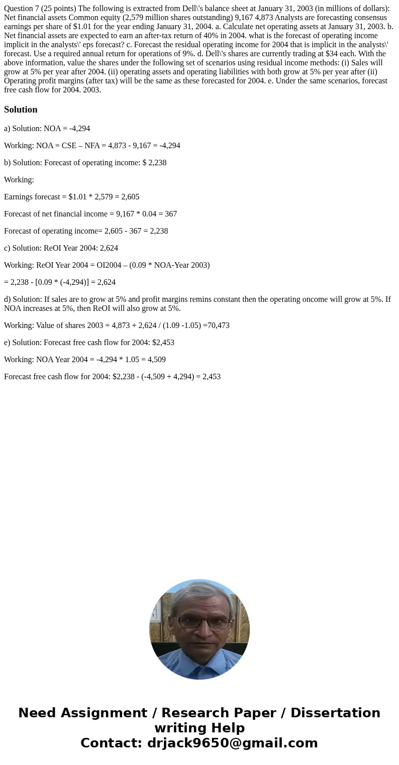  Question 7 (25 points) The following is extracted from Dell\'s balance sheet at January 31, 2003 (in millions of dollars): Net financial assets Common equity (