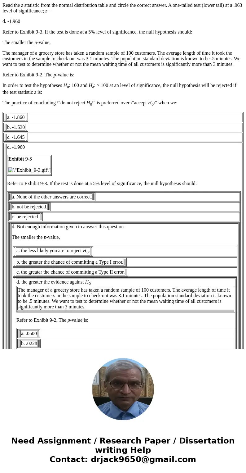 Read the z statistic from the normal distribution table and circle the correct answer. A one-tailed test (lower tail) at a .063 level of significance; z = d. -1