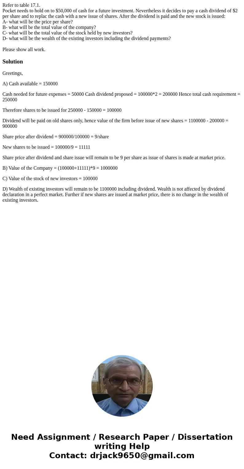 Refer to table 17.1. Pocket needs to hold on to $50,000 of cash for a future investment. Nevertheless it decides to pay a cash dividend of $2 per share and to r Refer to table 17.1. Pocket needs to hold on to $50,000 of cash for a future investment. Nevertheless it decides to pay a cash dividend of $2 per share and to r