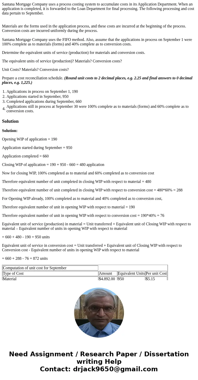 Santana Mortgage Company uses a process costing system to accumulate costs in its Application Department. When an application is completed, it is forwarded to t