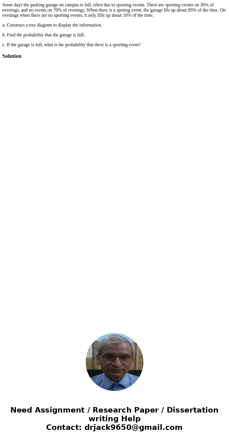 Some days the parking garage on campus is full, often due to sporting events. There are sporting events on 30% of evenings, and no events on 70% of evenings. Wh Some days the parking garage on campus is full, often due to sporting events. There are sporting events on 30% of evenings, and no events on 70% of evenings. Wh