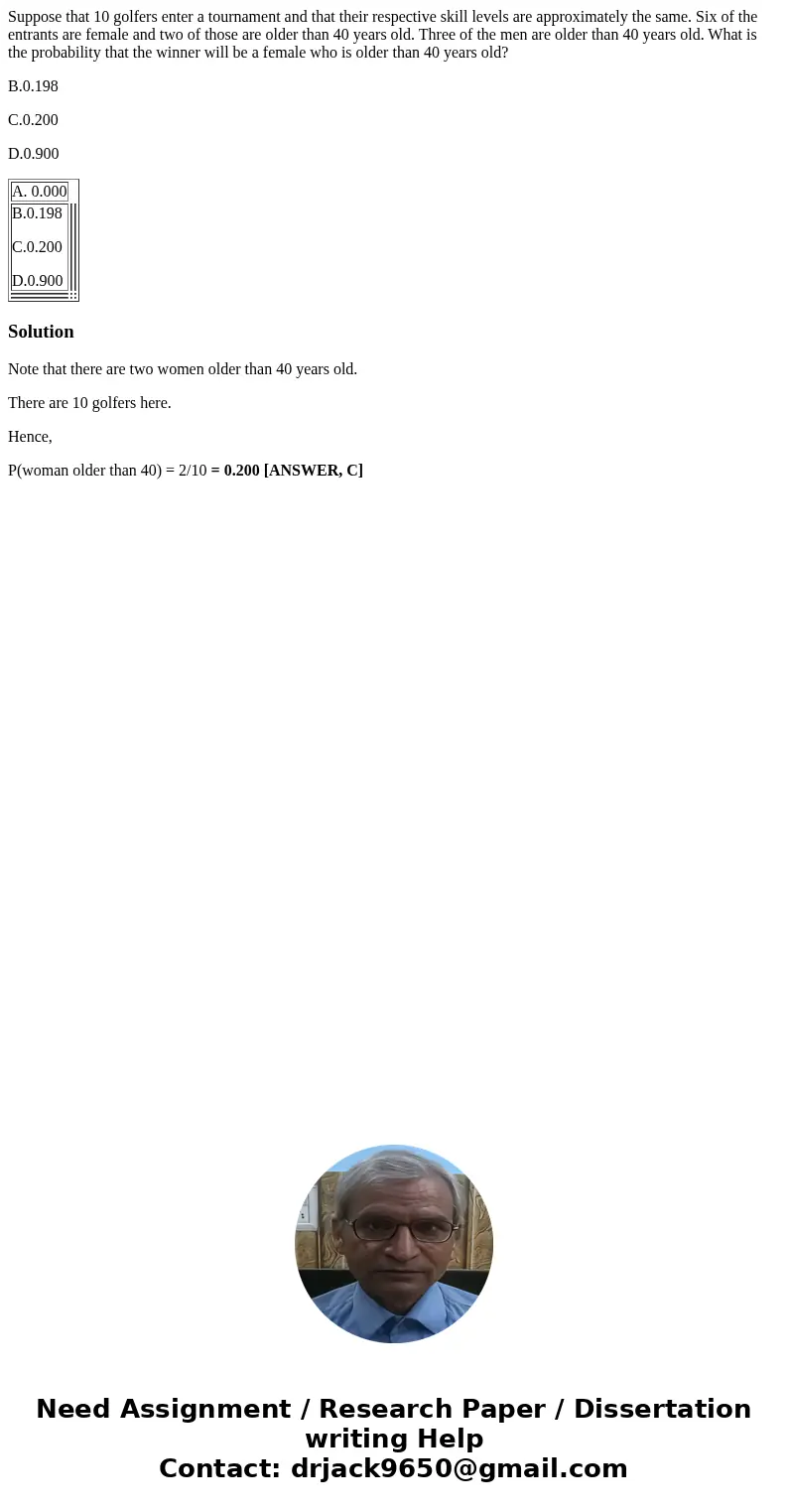 Suppose that 10 golfers enter a tournament and that their respective skill levels are approximately the same. Six of the entrants are female and two of those ar Suppose that 10 golfers enter a tournament and that their respective skill levels are approximately the same. Six of the entrants are female and two of those ar