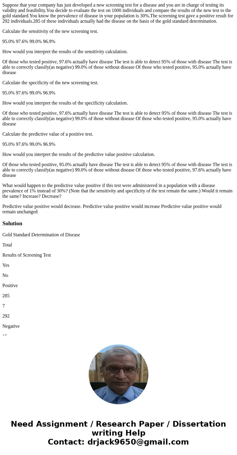 Suppose that your company has just developed a new screening test for a disease and you are in charge of testing its validity and feasibility.You decide to eval