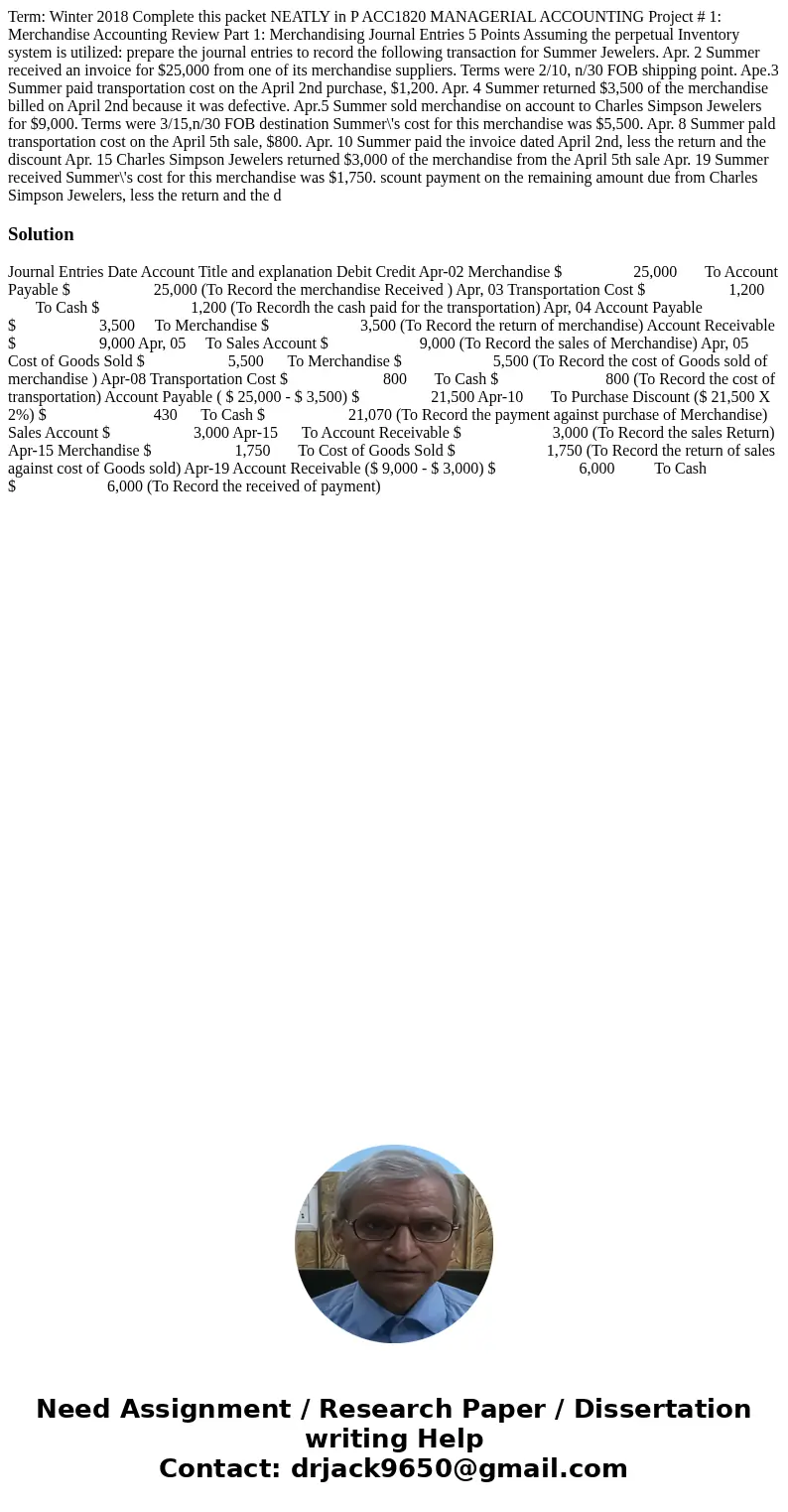  Term: Winter 2018 Complete this packet NEATLY in P ACC1820 MANAGERIAL ACCOUNTING Project # 1: Merchandise Accounting Review Part 1: Merchandising Journal Entri