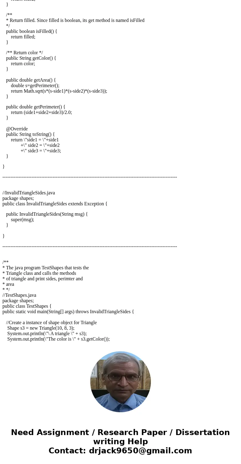 Thanks for the help. The Shapes Package Code can be found here: http://cs.stcc.edu/wp-content/uploads/2016/10/shapes.zip Design and implement a class named Tria
