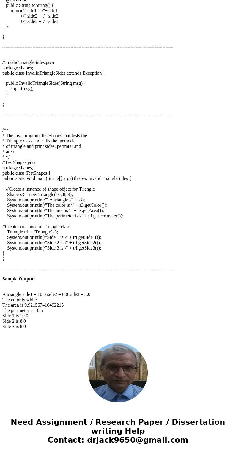 Thanks for the help. The Shapes Package Code can be found here: http://cs.stcc.edu/wp-content/uploads/2016/10/shapes.zip Design and implement a class named Tria