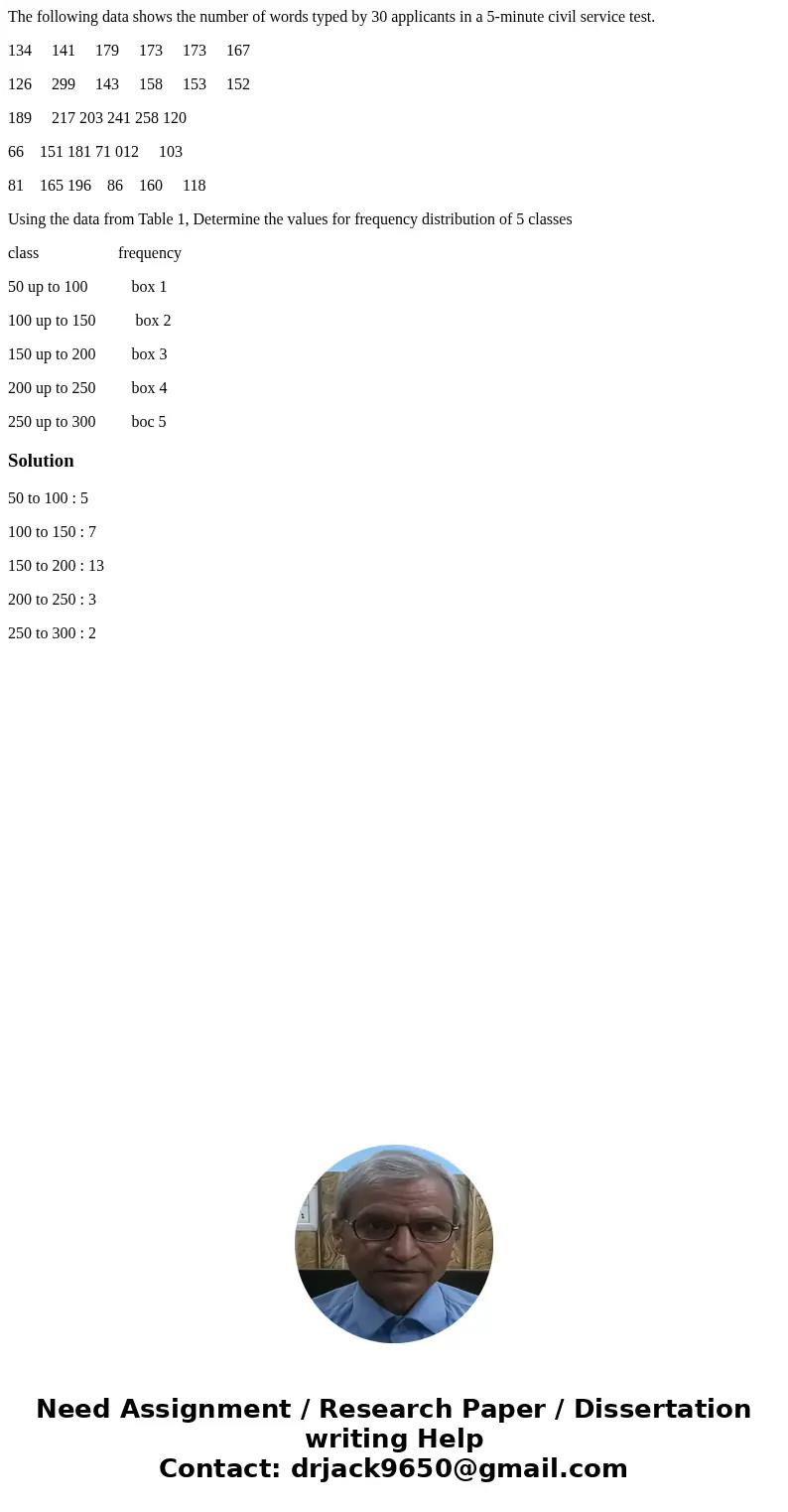 The following data shows the number of words typed by 30 applicants in a 5-minute civil service test. 134 141 179 173 173 167 126 299 143 158 153 152 189 217 20 The following data shows the number of words typed by 30 applicants in a 5-minute civil service test. 134 141 179 173 173 167 126 299 143 158 153 152 189 217 20