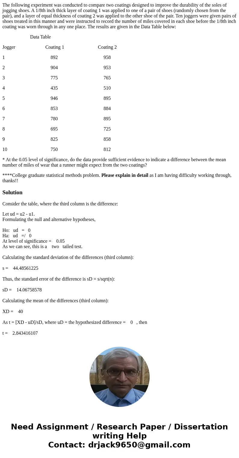 The following experiment was conducted to compare two coatings designed to improve the durability of the soles of jogging shoes. A 1/8th inch thick layer of coa The following experiment was conducted to compare two coatings designed to improve the durability of the soles of jogging shoes. A 1/8th inch thick layer of coa