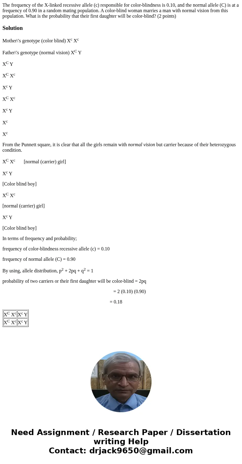 The frequency of the X-linked recessive allele (c) responsible for color-blindness is 0.10, and the normal allele (C) is at a frequency of 0.90 in a random mati The frequency of the X-linked recessive allele (c) responsible for color-blindness is 0.10, and the normal allele (C) is at a frequency of 0.90 in a random mati