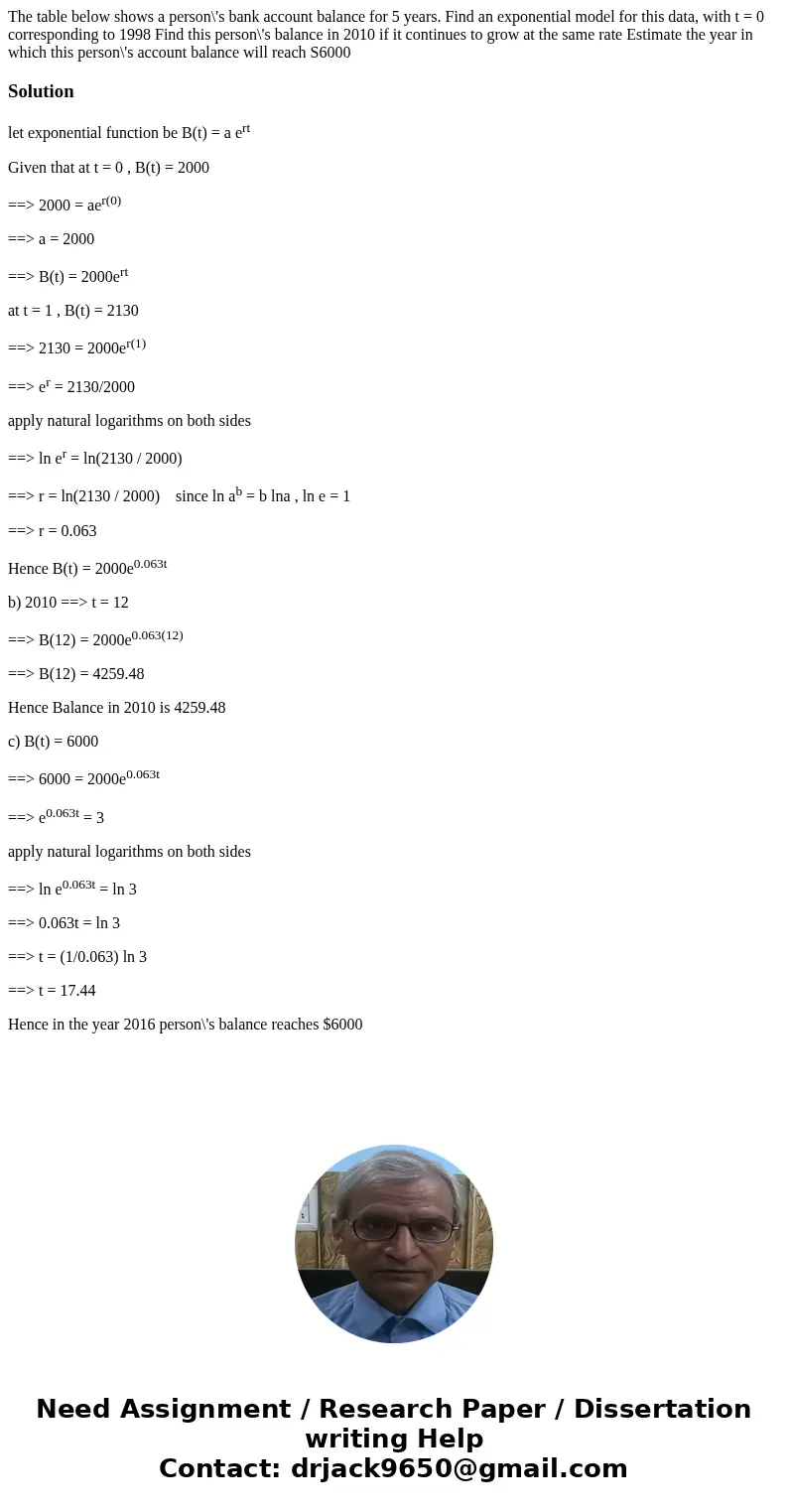 The table below shows a person\'s bank account balance for 5 years. Find an exponential model for this data, with t = 0 corresponding to 1998 Find this person\  The table below shows a person\'s bank account balance for 5 years. Find an exponential model for this data, with t = 0 corresponding to 1998 Find this person\