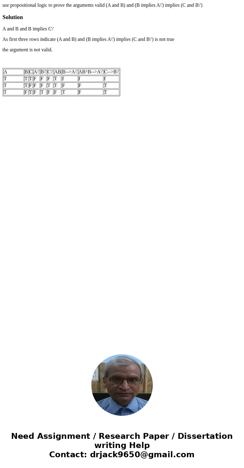 use propositional logic to prove the arguments valid (A and B) and (B implies A\') implies (C and B\')SolutionA and B and B implies C\' As first three rows indi